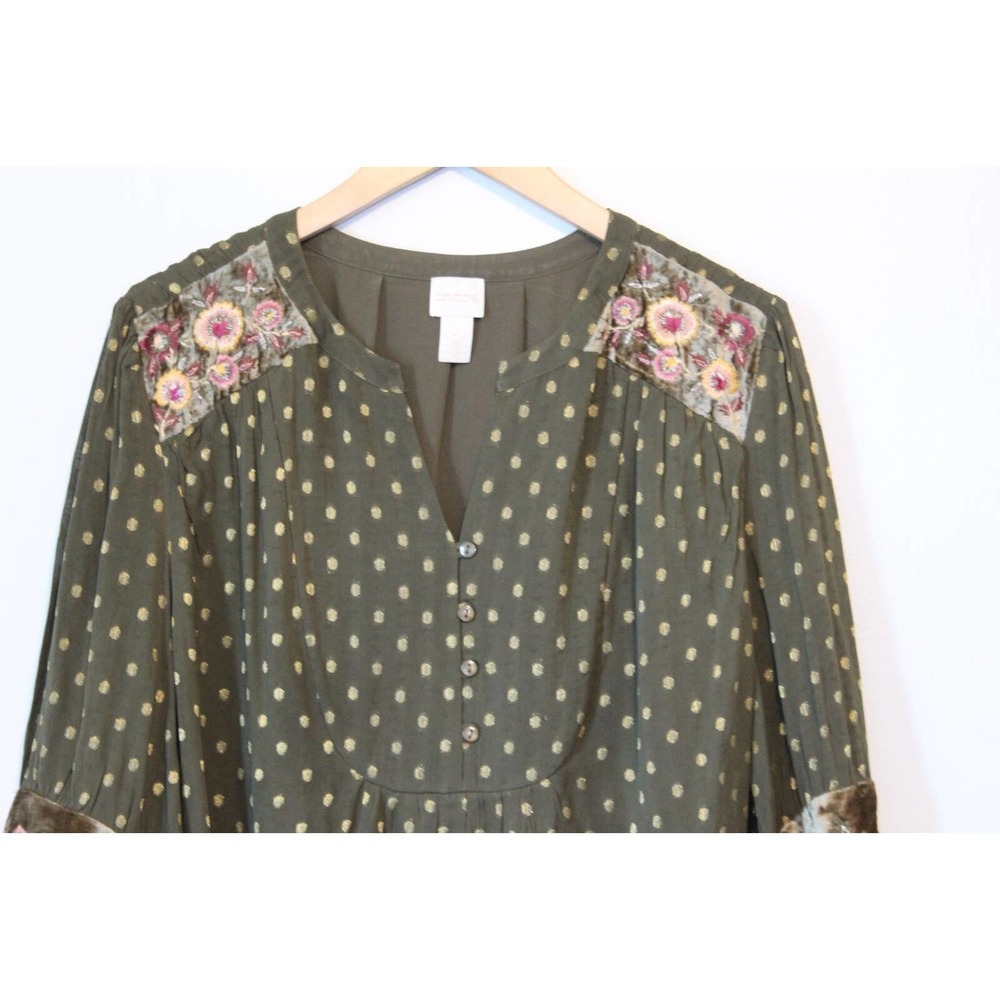 Chico's Dot Jacquard Peasant Top Green Gold Metallic Floral Size 2 12 H14724 - Picture 3 of 11